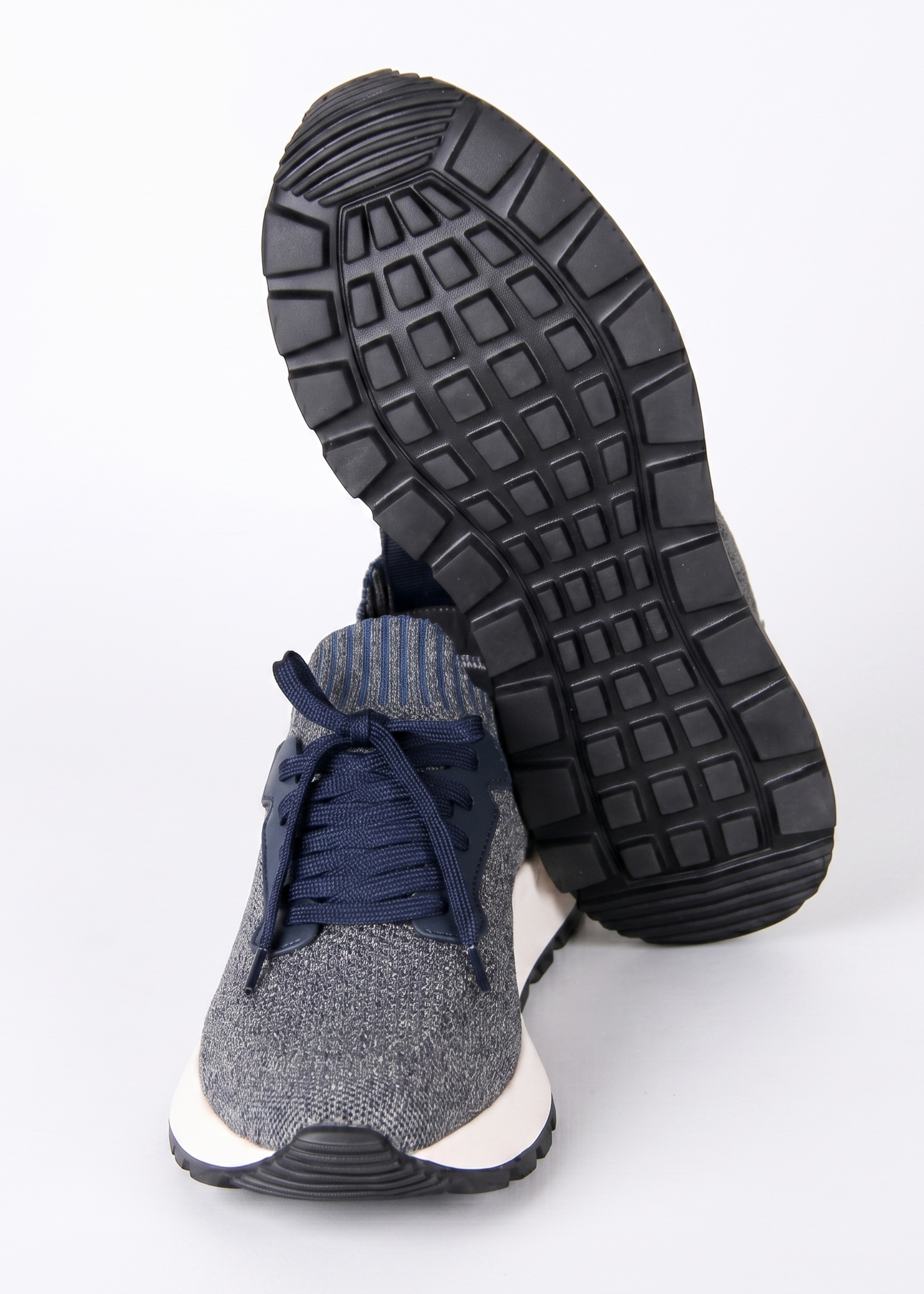 Knitted and Leather Sneakers – Grey/Dark Blue