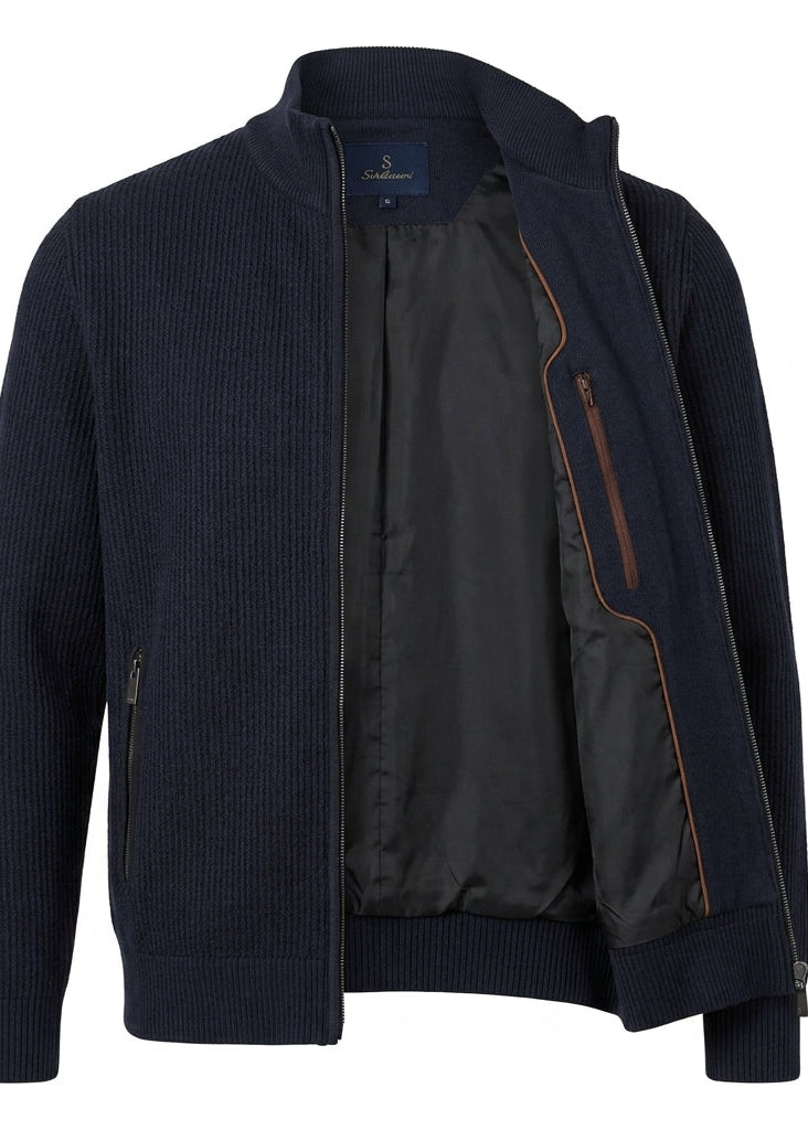 Dark Blue Men's Knit Jacket with Vertical Weave