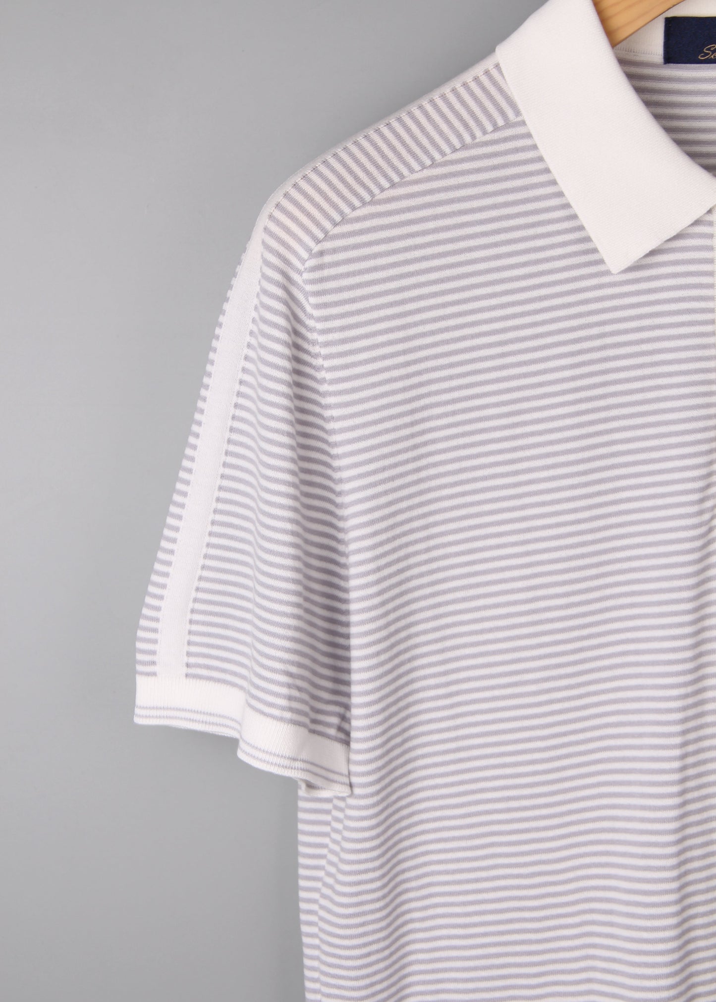 Gray Striped Silk and Cotton Blend Polo