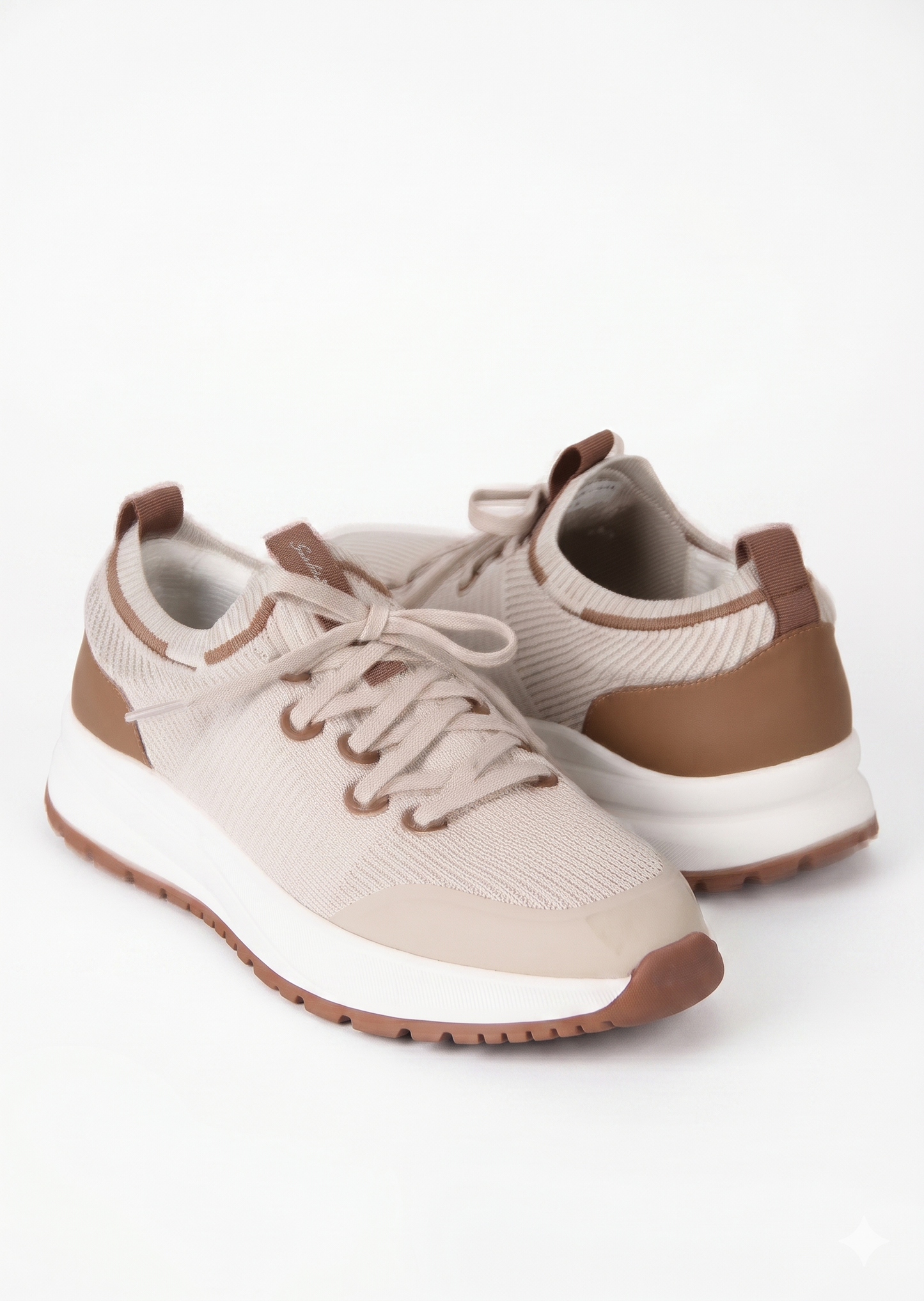 Knitted and Leather Sneakers – Beige/Brown