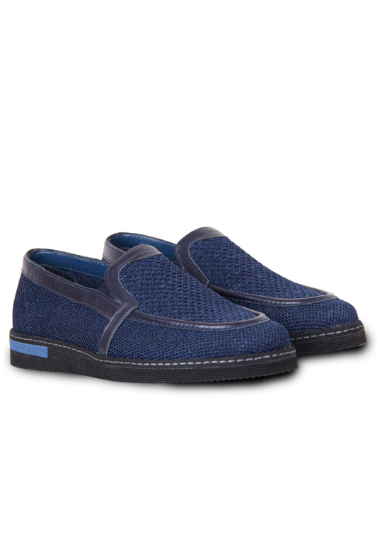 Blue slip-on knit & leather shoes