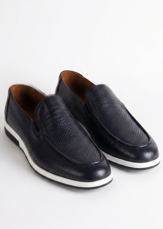 Navy Blue Perforated Leather Loafers