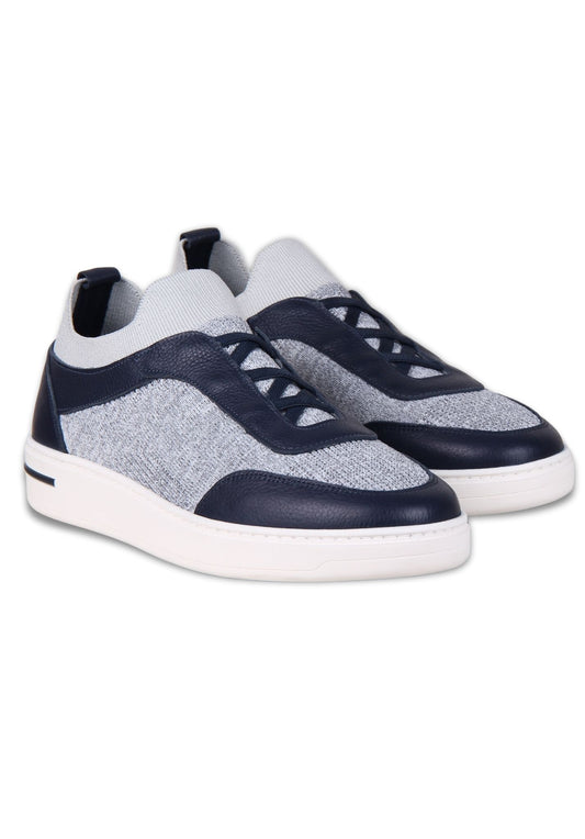 Blue-Grey Leather and Textile Sneakers