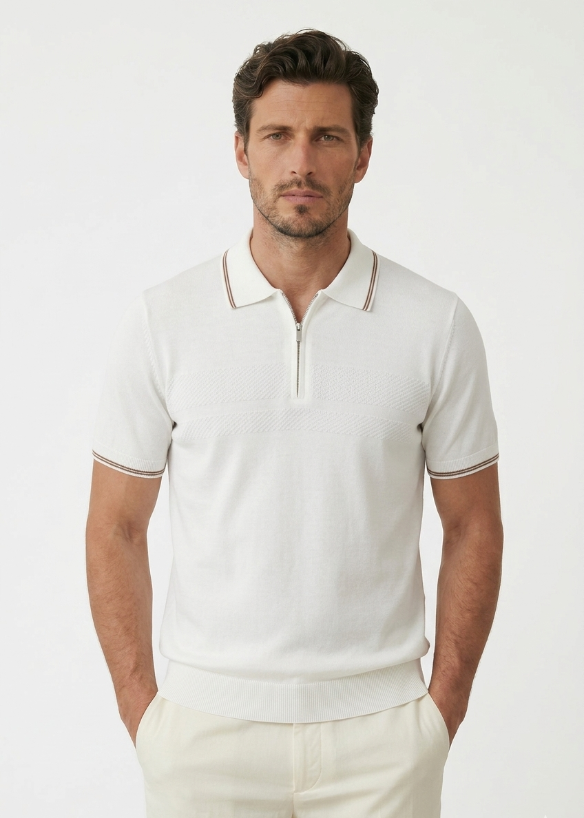 White Polo Shirt with Brown Line