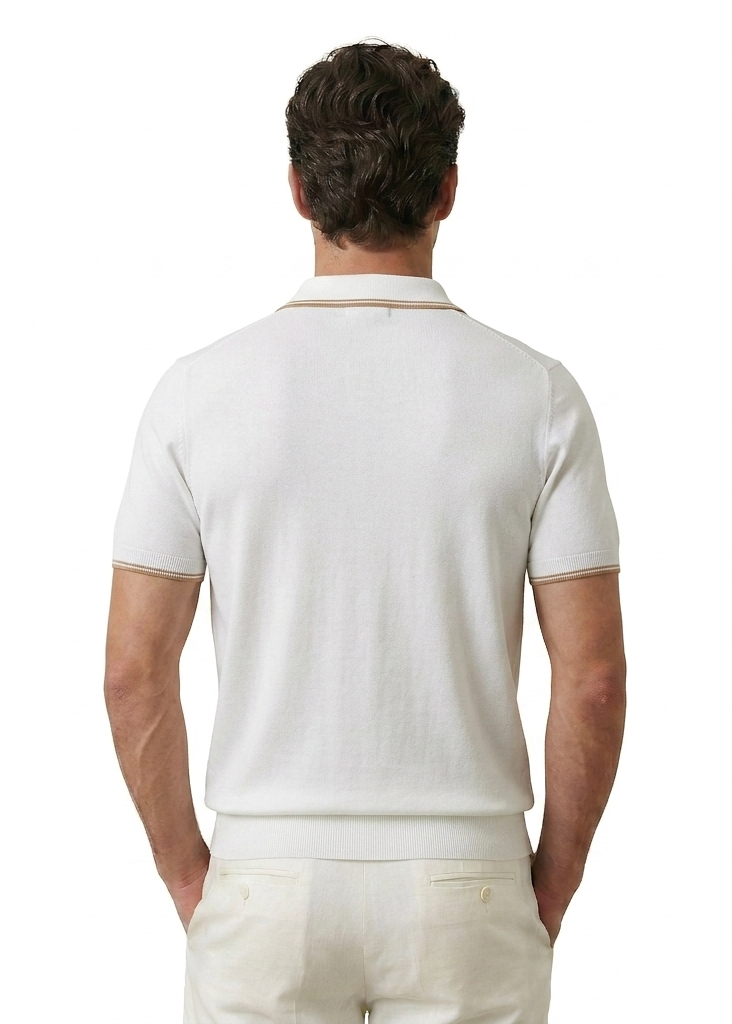 White Polo Shirt with Brown Line