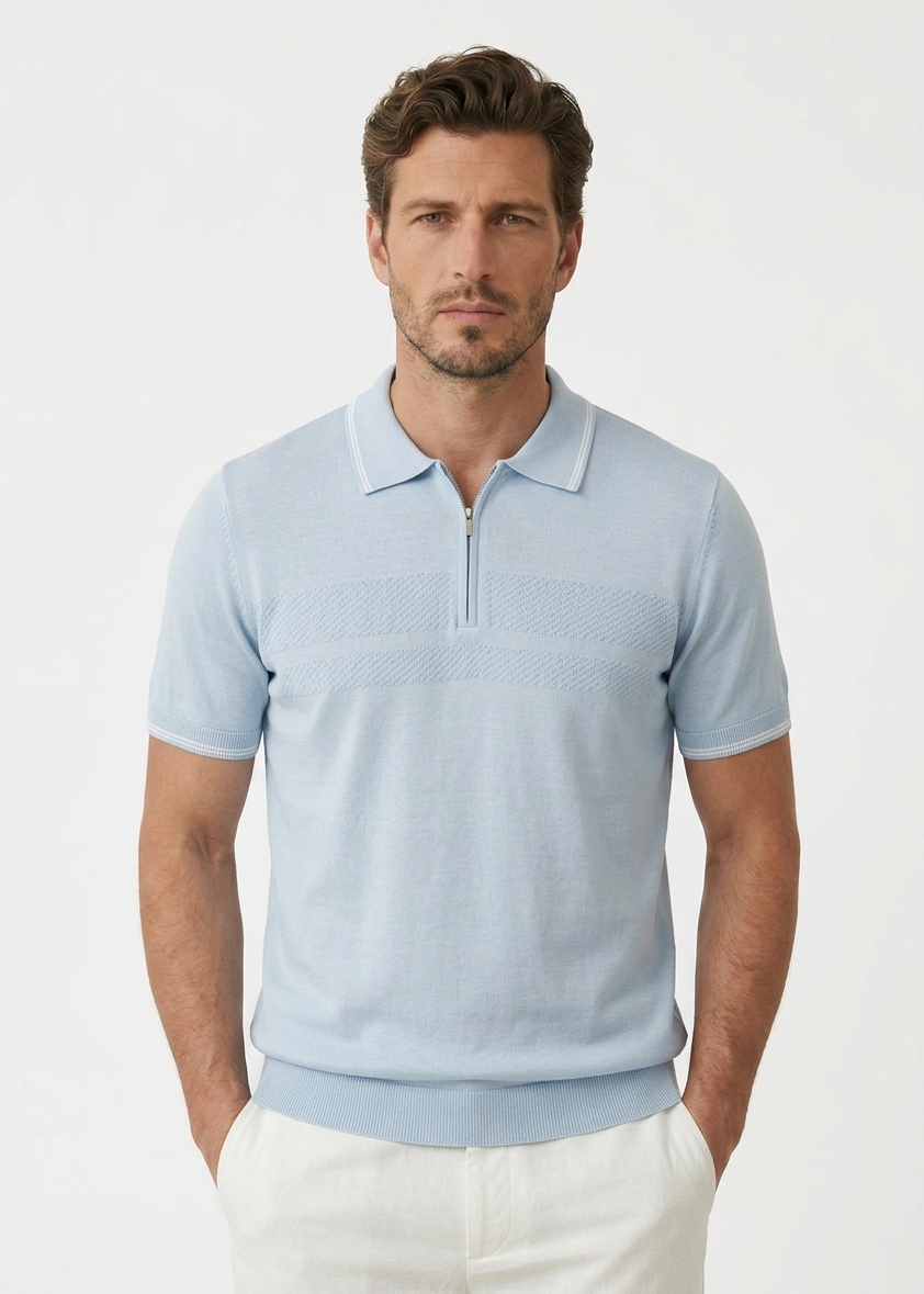 Zip-Up Light Blue Polo Shirt