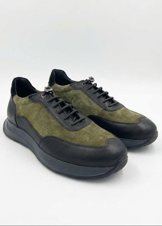 Khaki Nubuck / Black Leather Combination Men's Sports Shoes with Special Lacing System