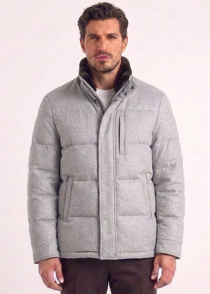 Light Gray Down Jacket with Fur Collar