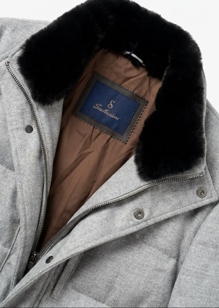 Light Gray Down Jacket with Fur Collar