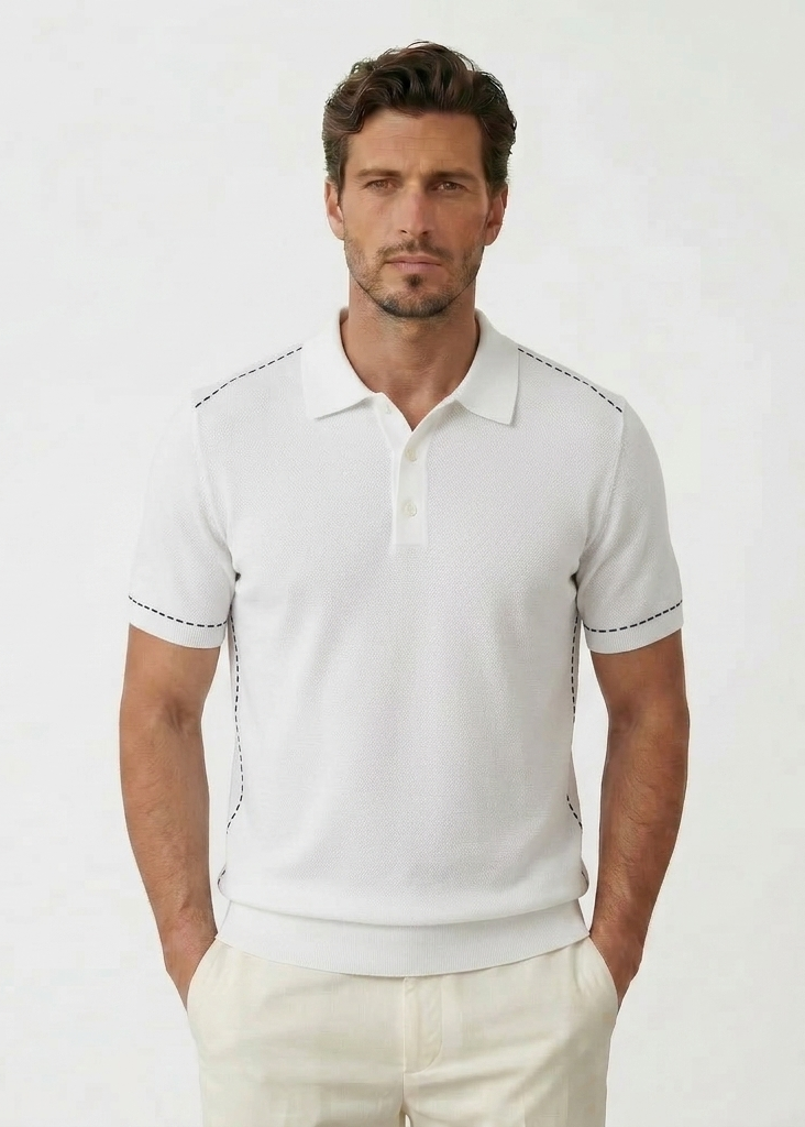 Buttoned White Polo Shirt with Stitch Details