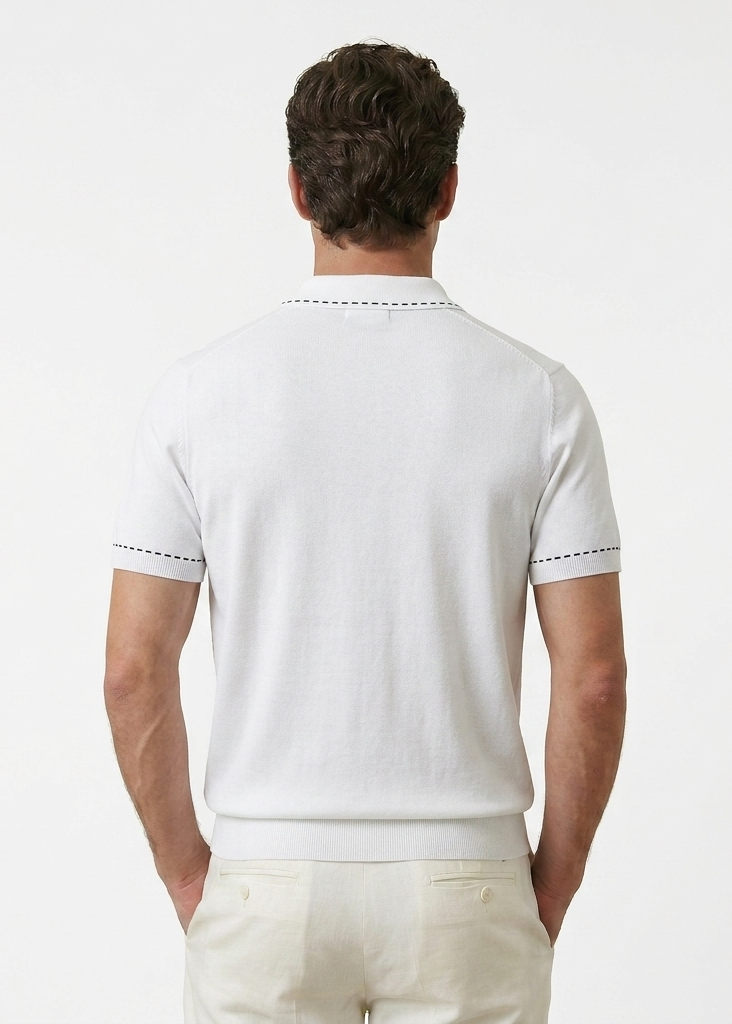 Buttoned White Polo Shirt with Stitch Details
