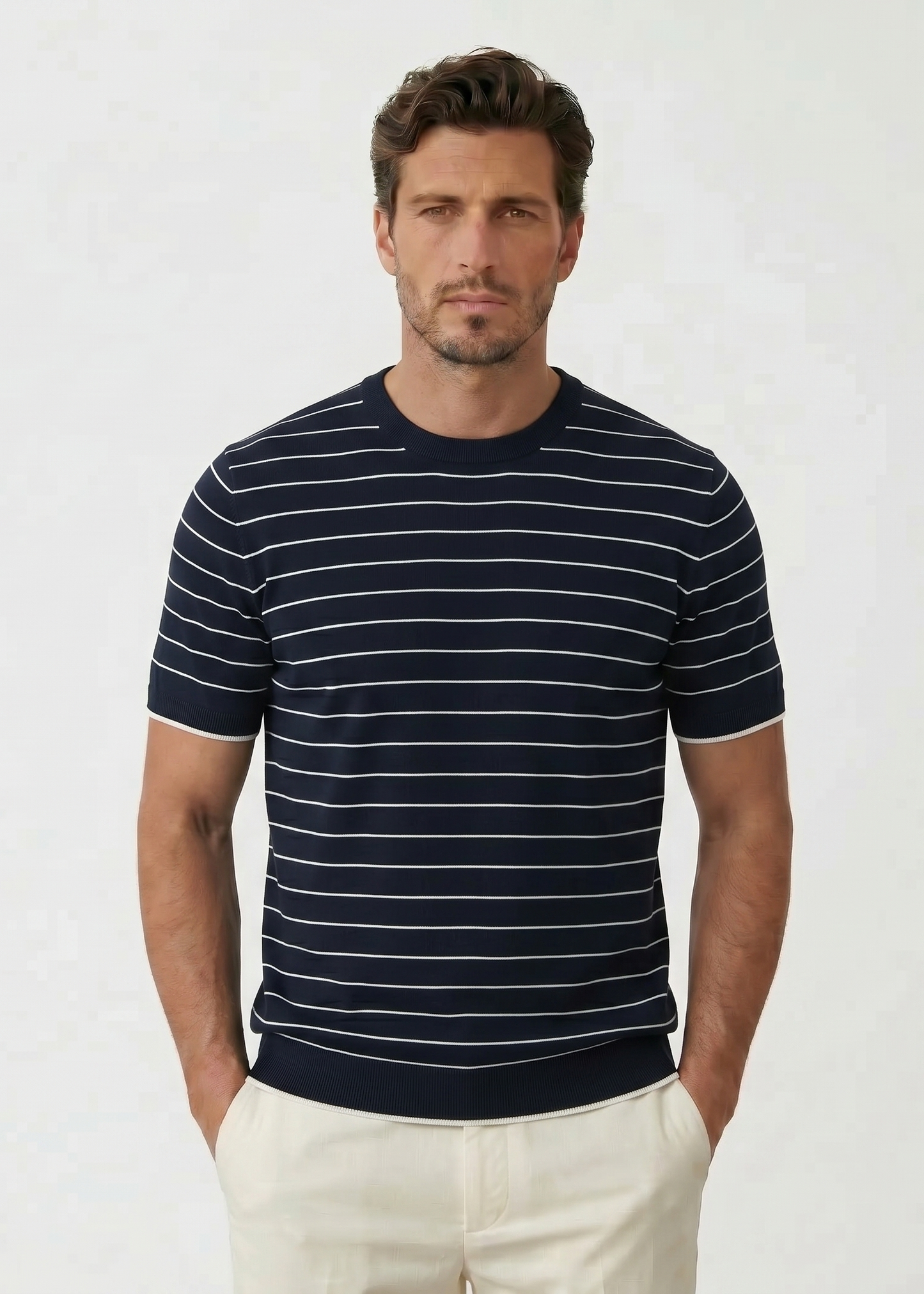 White Striped Silk/Cotton Blue T-Shirt