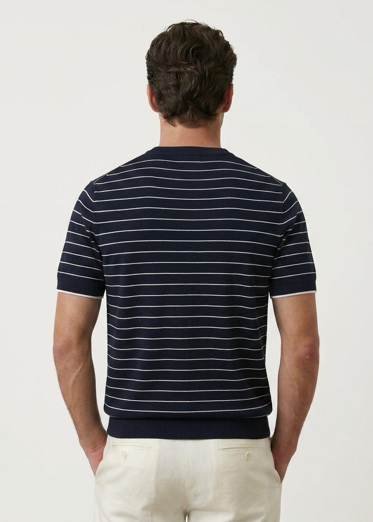White Striped Silk/Cotton Blue T-Shirt