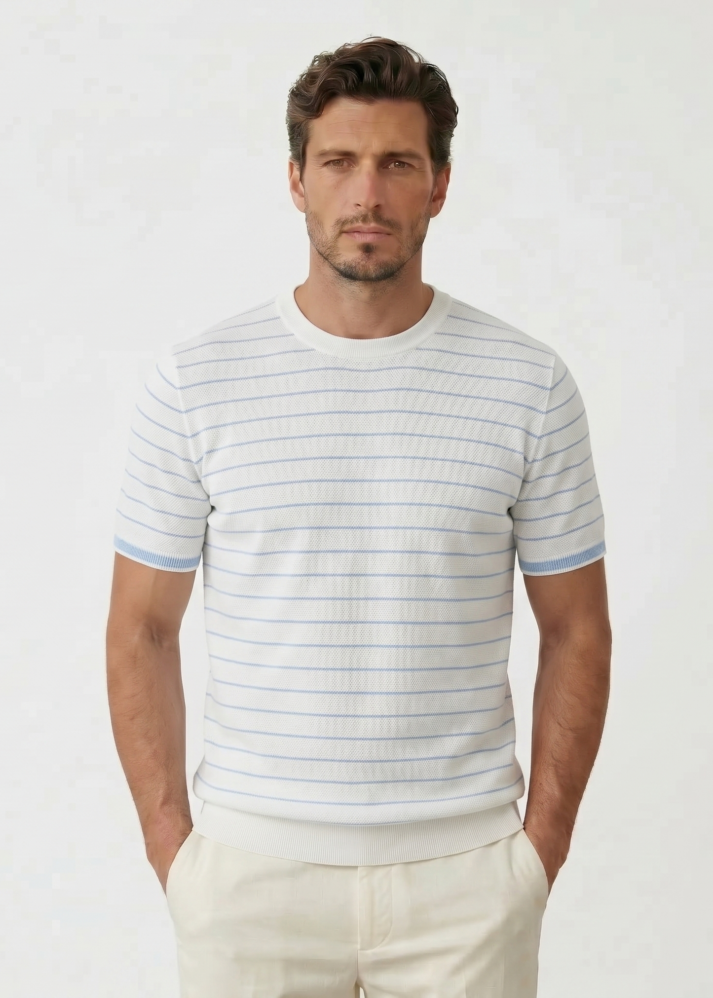 Blue Striped Silk/Cotton White T-Shirt