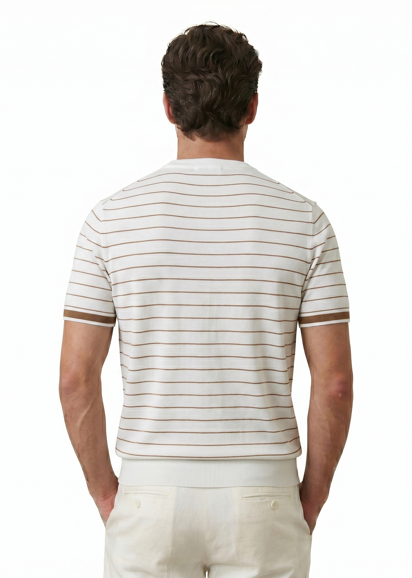 Brown Striped Silk/Cotton White T-Shirt