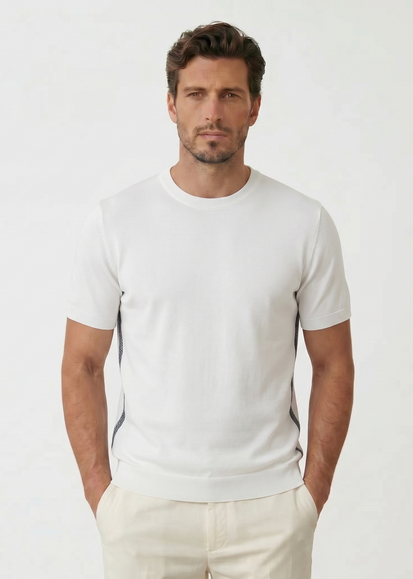 White T-Shirt with Black Geometric Patterned