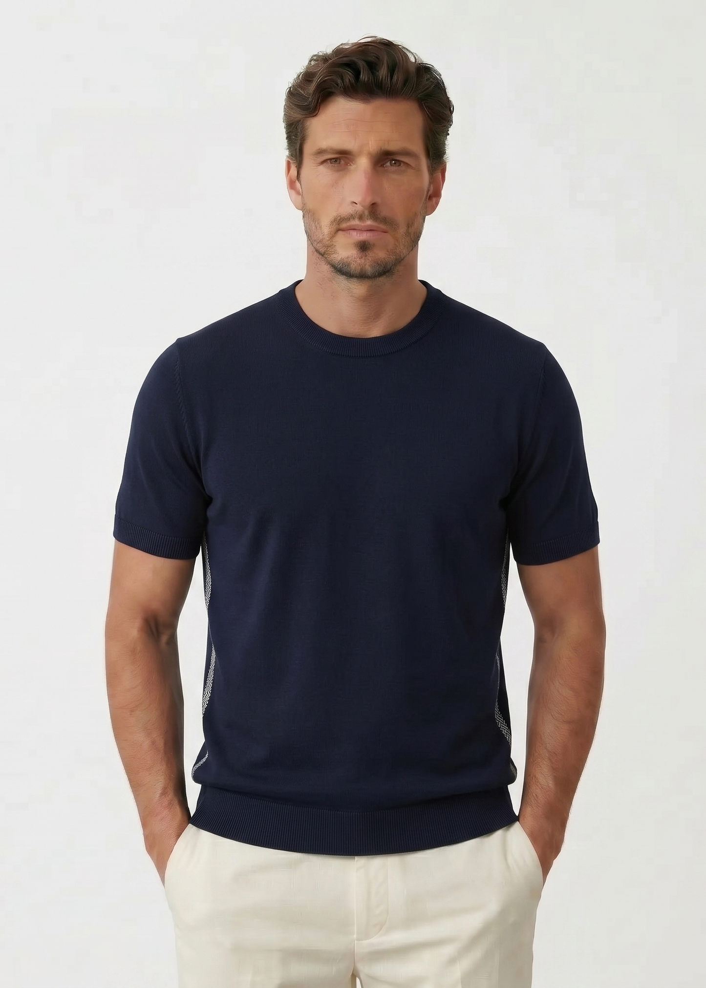 Dark Blue Silk and Cotton Blend T-Shirt