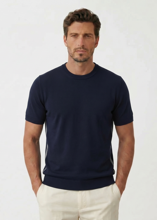 Tünd Göy Rəngli İpək və Pambıq Tərkibli T-shirt 