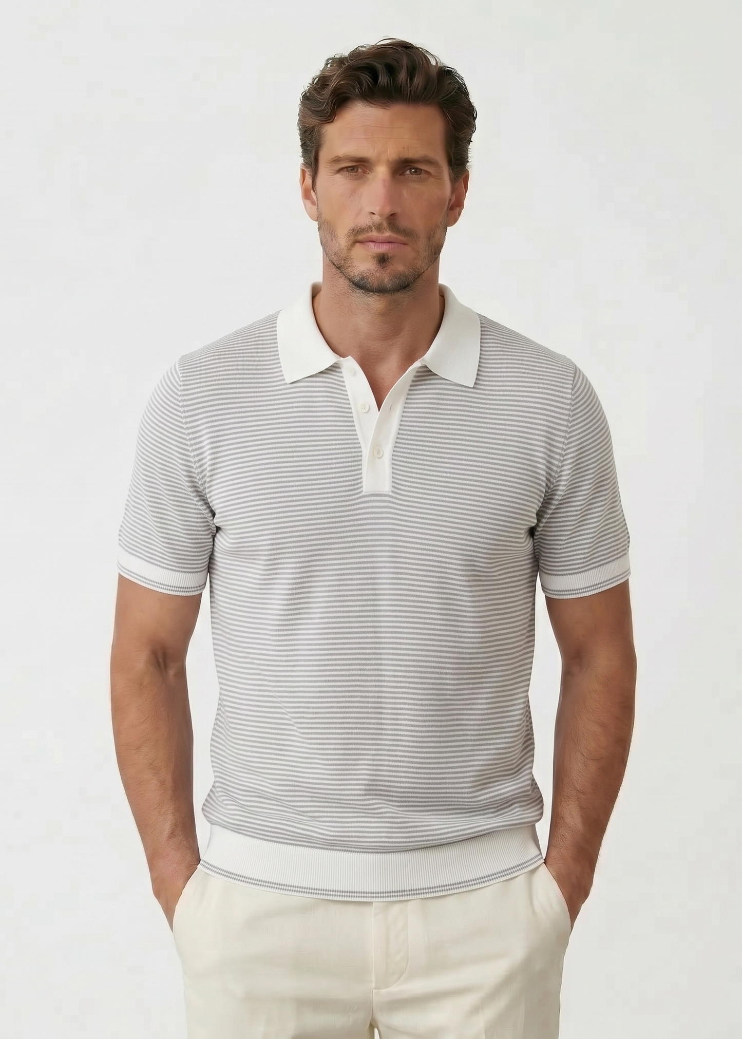 Gray Striped Silk and Cotton Blend Polo