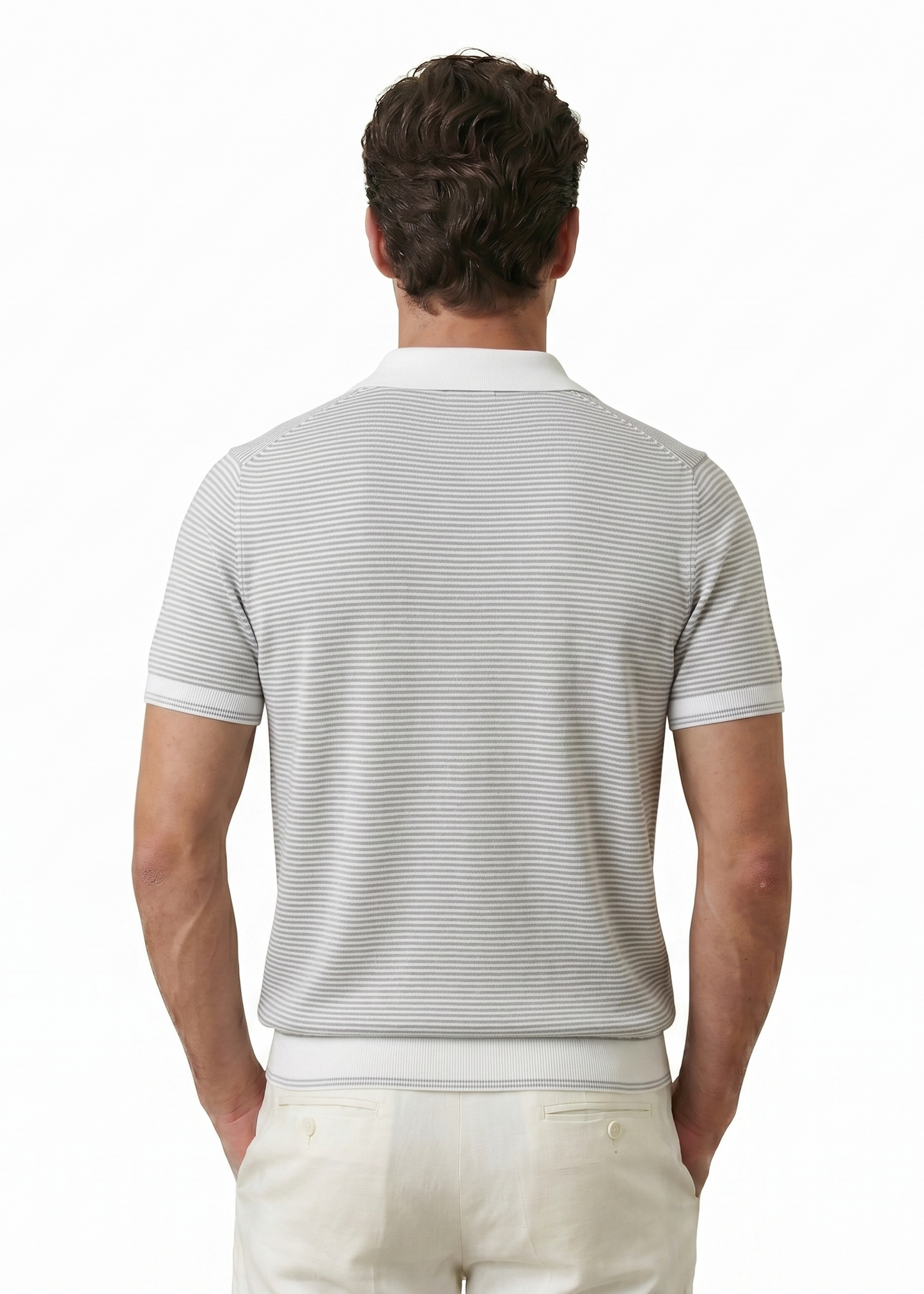 Gray Striped Silk and Cotton Blend Polo