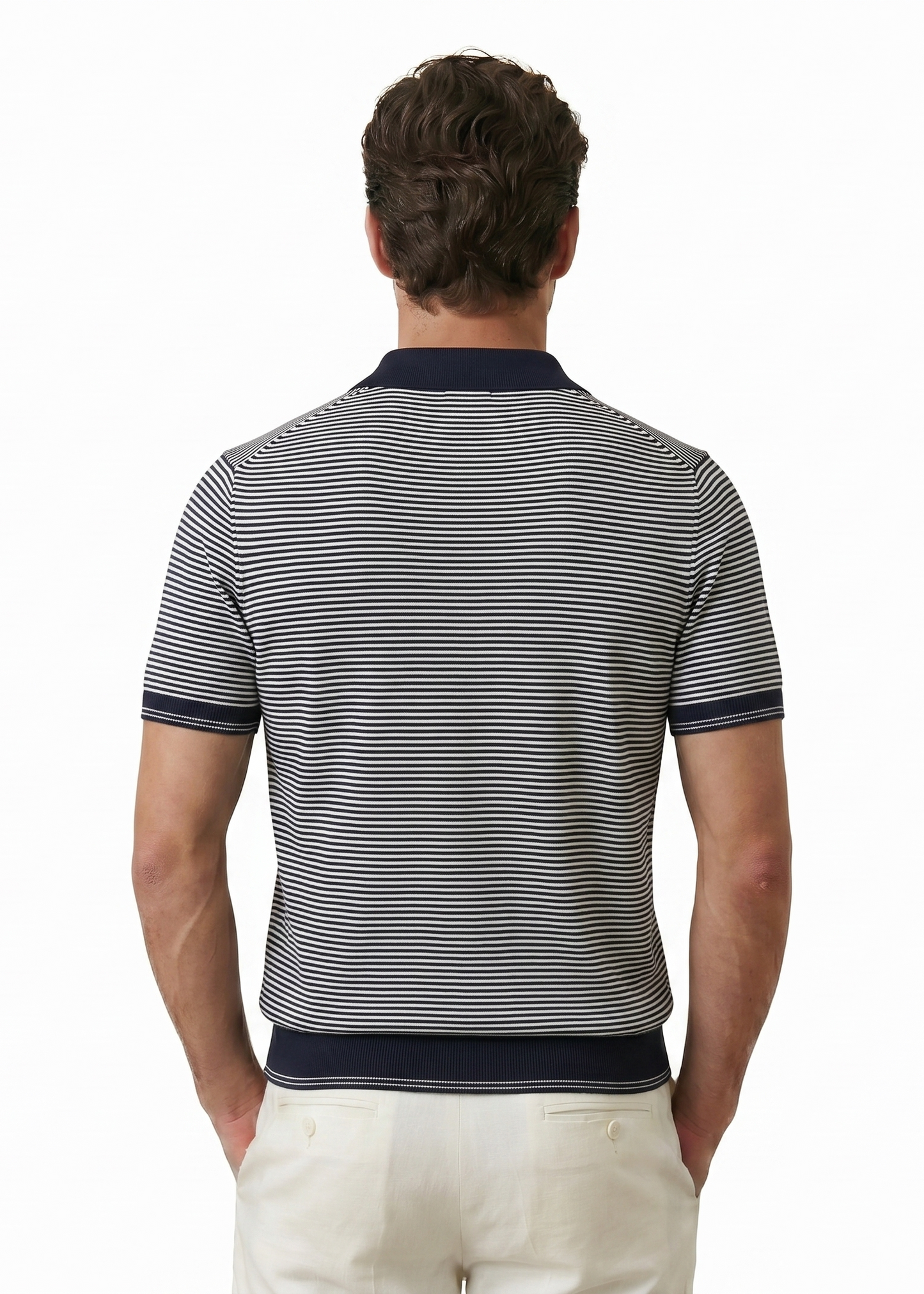 Navy Blue Striped Silk and Cotton Blend Polo