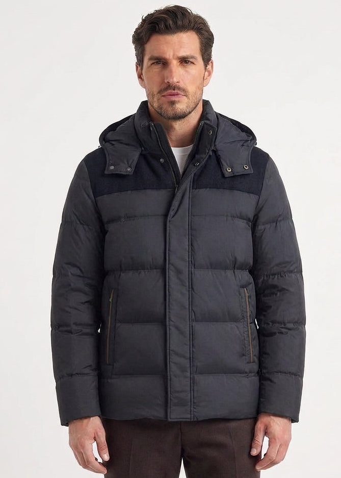 Down Blue Jacket – Water and Wind Resistant, with Wool Details