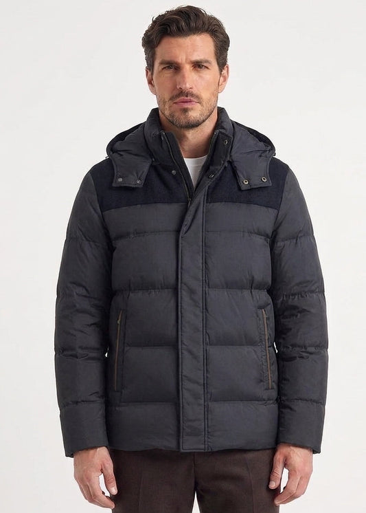 Down Blue Jacket – Water and Wind Resistant, with Wool Details