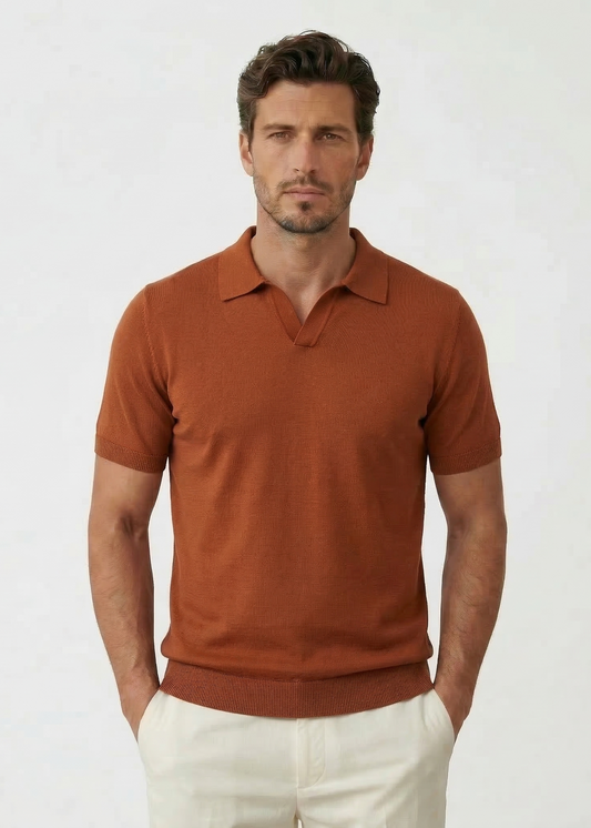 Silk-Blend V-Neck Knit Polo Shirt