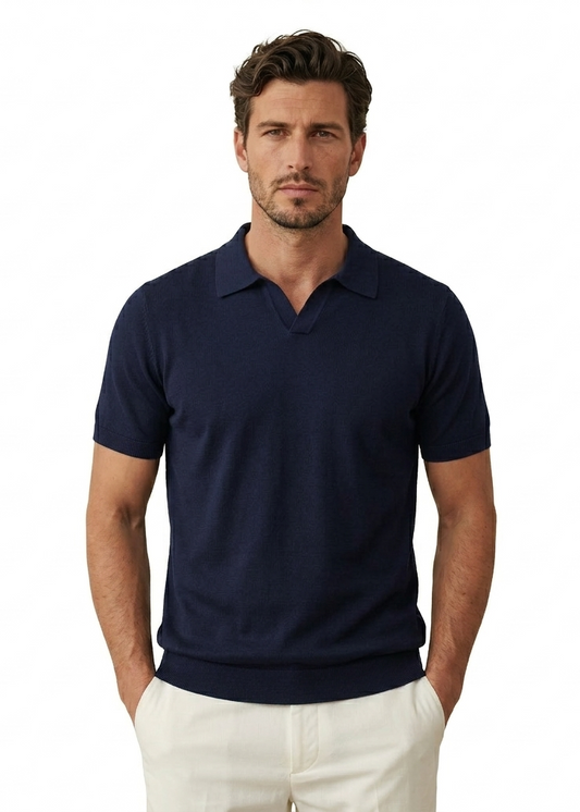 Blue Silk-Blend V-Neck Knit Polo