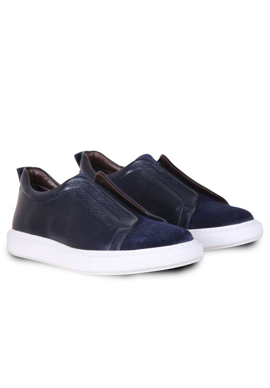 Navy blue leather and suede sneaker