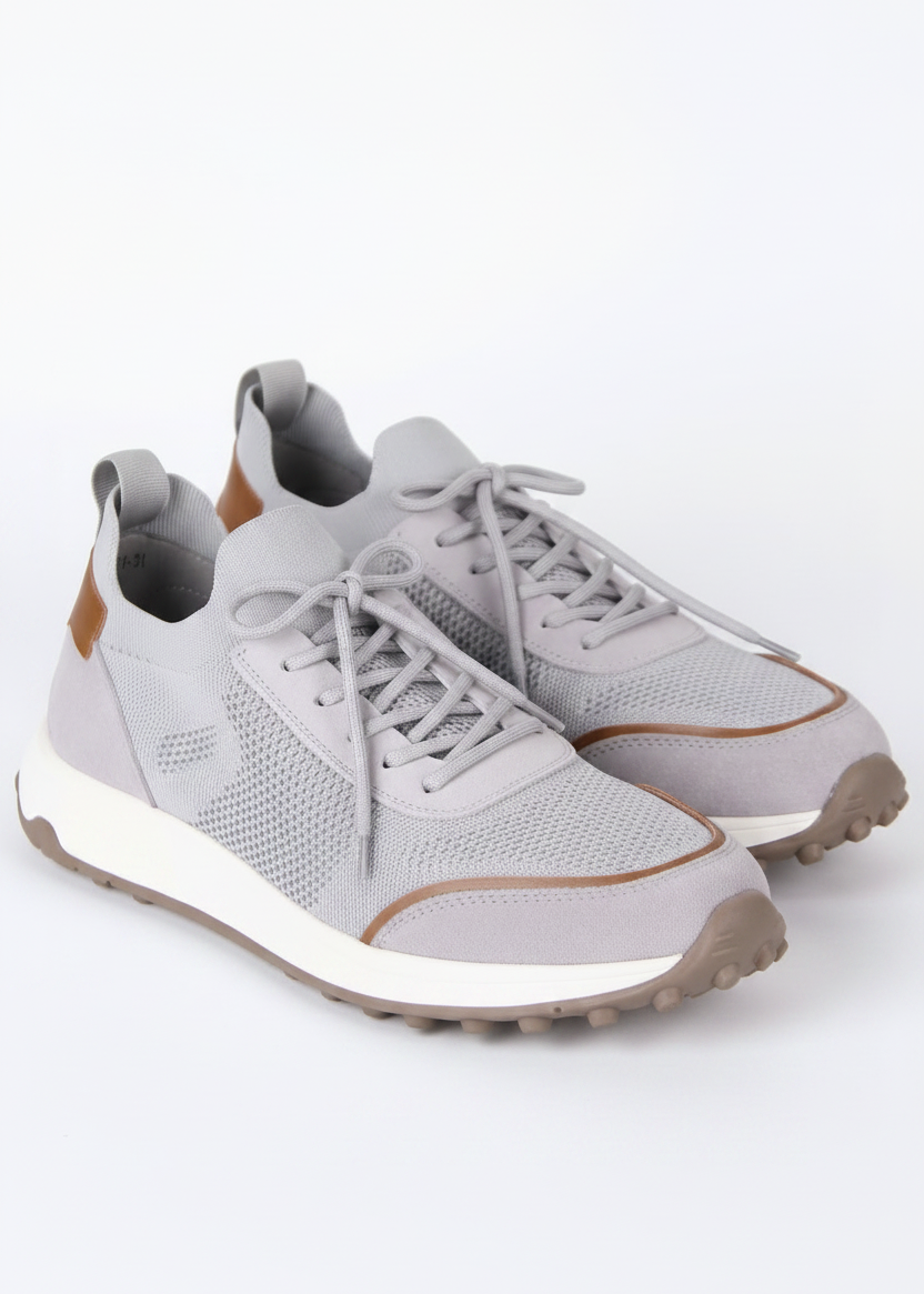 Knitted and Leather Sneakers – Light Grey/Brown