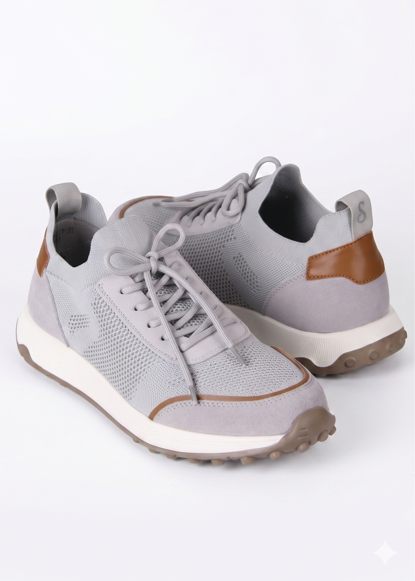 Knitted and Leather Sneakers – Light Grey/Brown