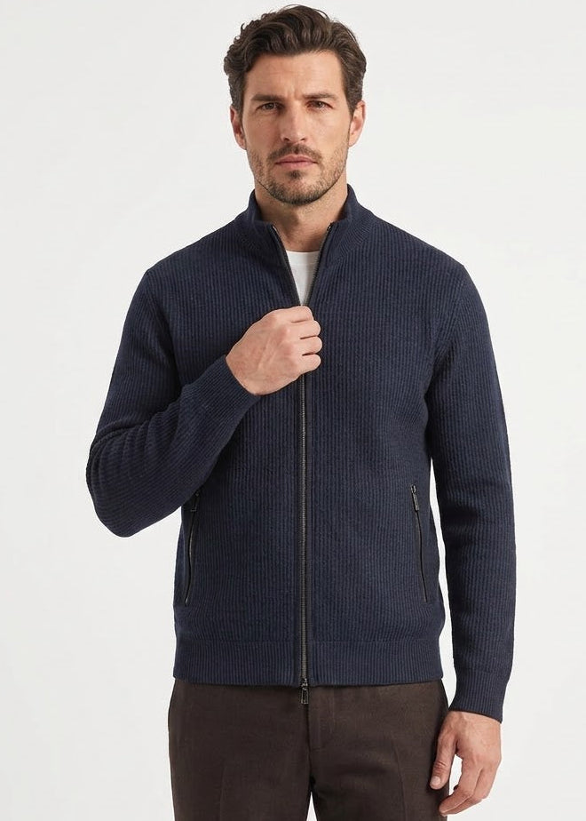 Dark Blue Men's Knit Jacket with Vertical Weave