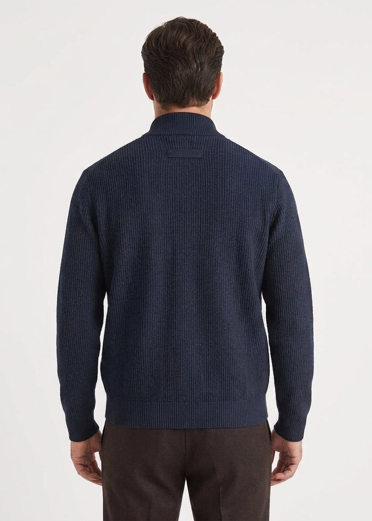 Dark Blue Men's Knit Jacket with Vertical Weave