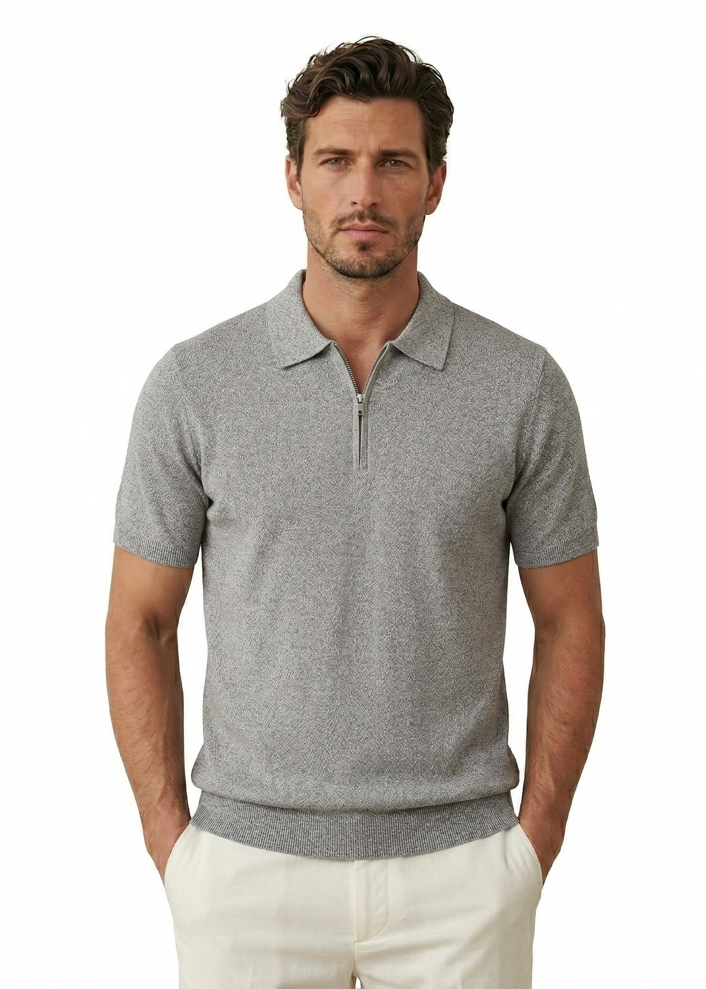 Gray Knit Polo Shirt with Zipper
