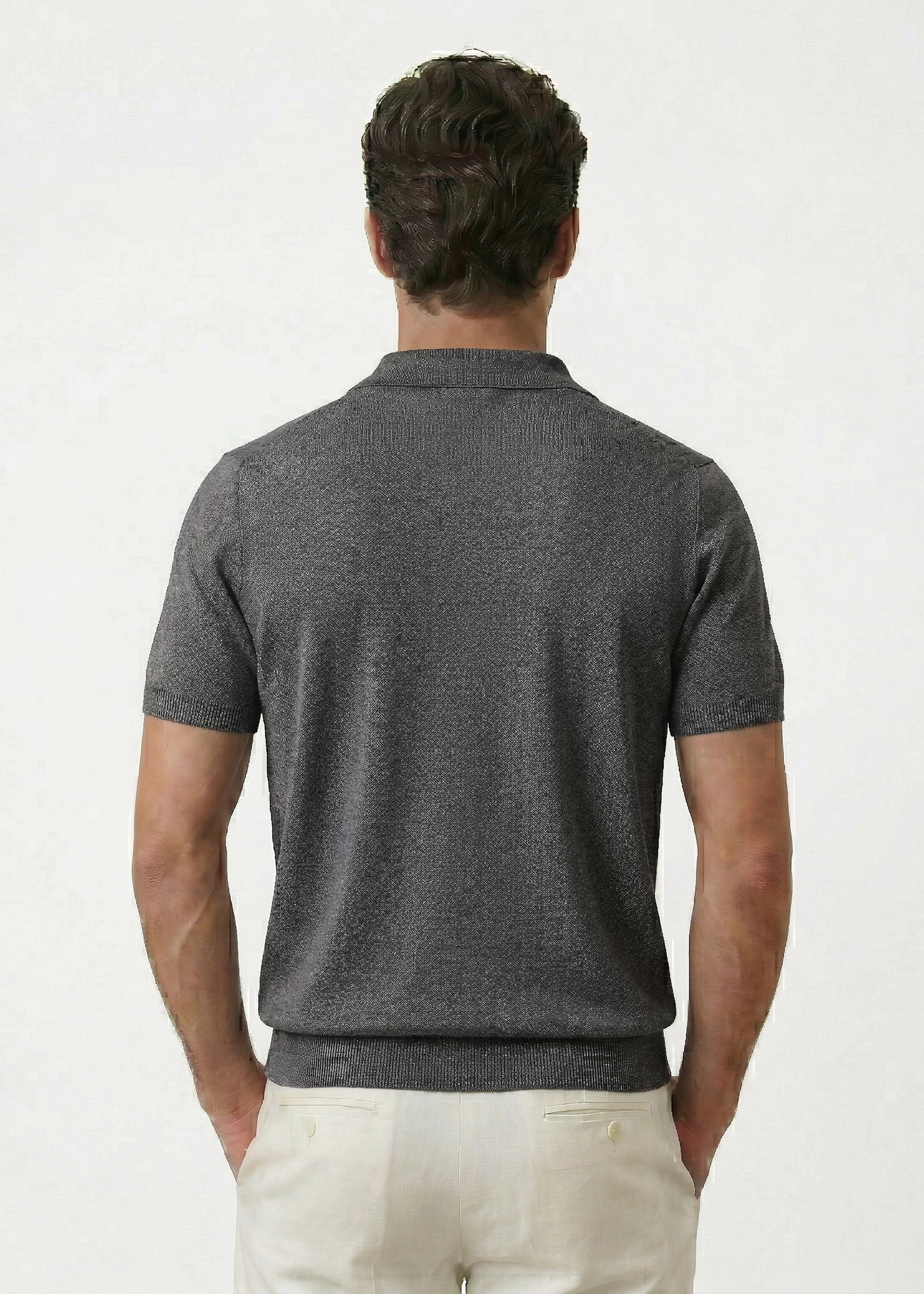 Gray Knit Polo Shirt with Zipper