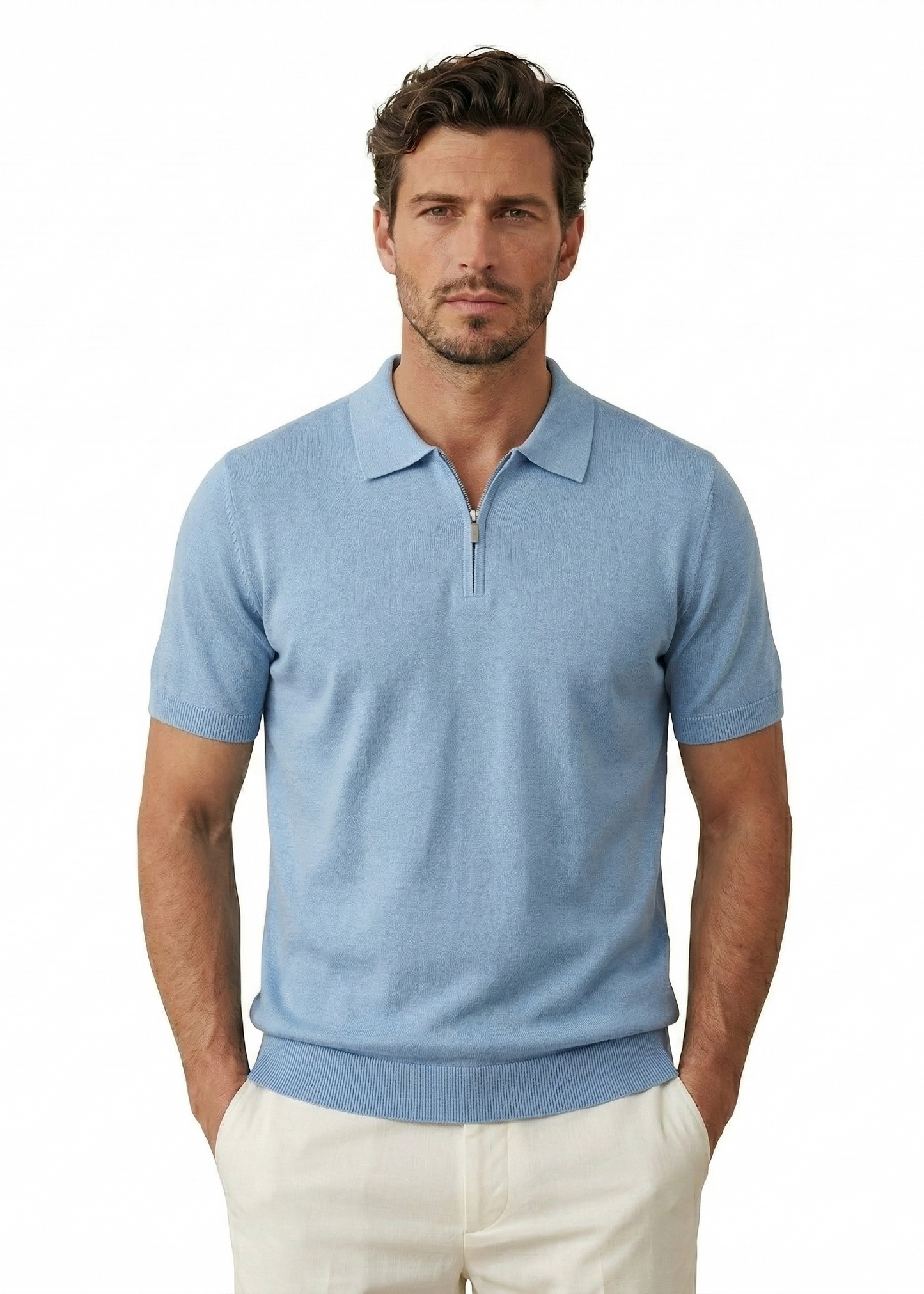 Blue Knit Polo Shirt with Zipper