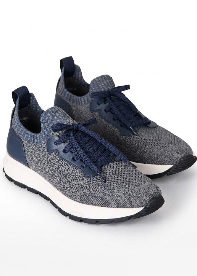Knitted and Leather Sneakers – Grey/Dark Blue