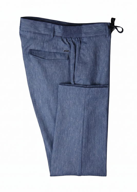 Blue Linen-Blend Trousers (with Elastic Side Details)