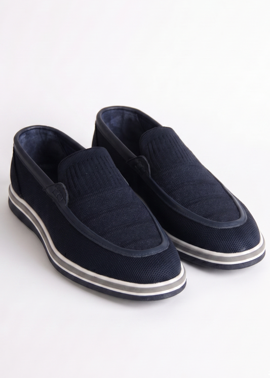 Navy Blue Textile and Leather Loafer