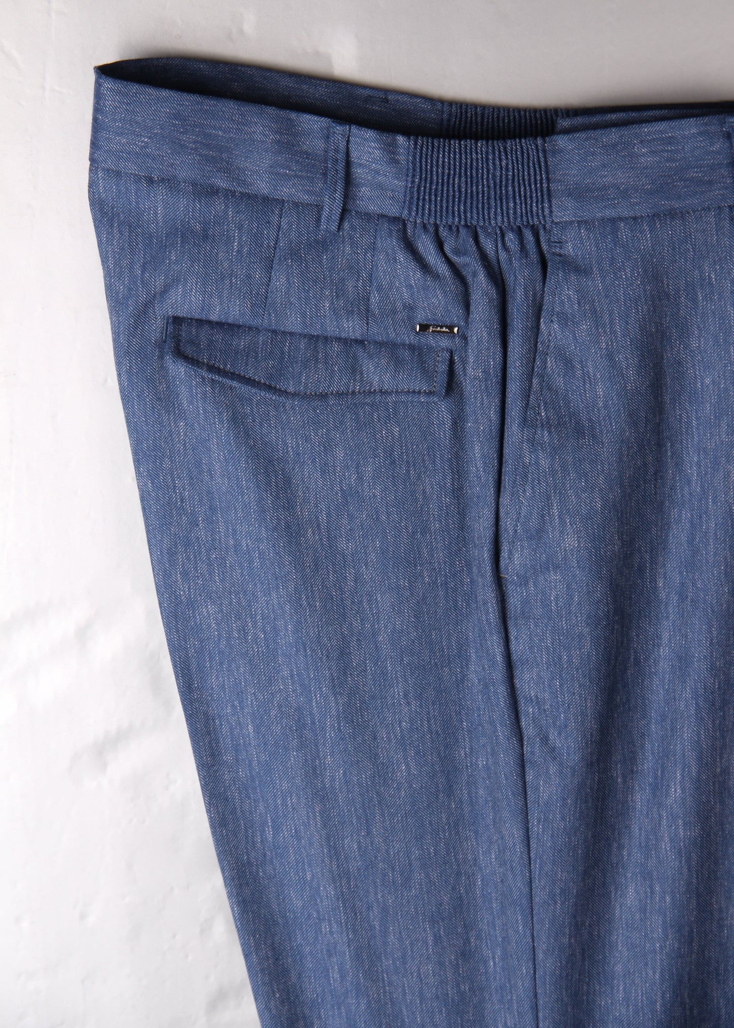 Blue Linen-Blend Trousers (with Elastic Side Details)