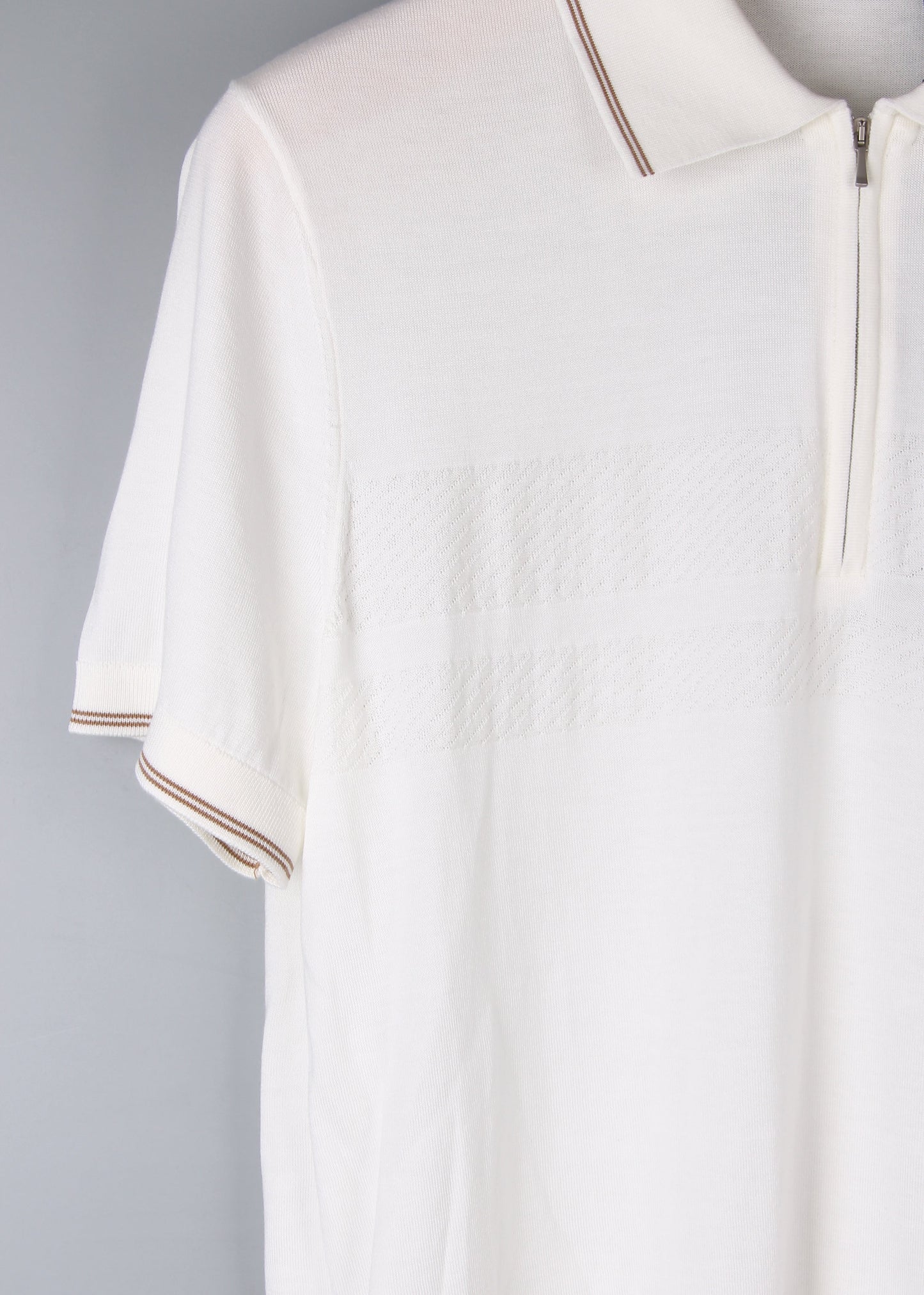 White Polo Shirt with Brown Line