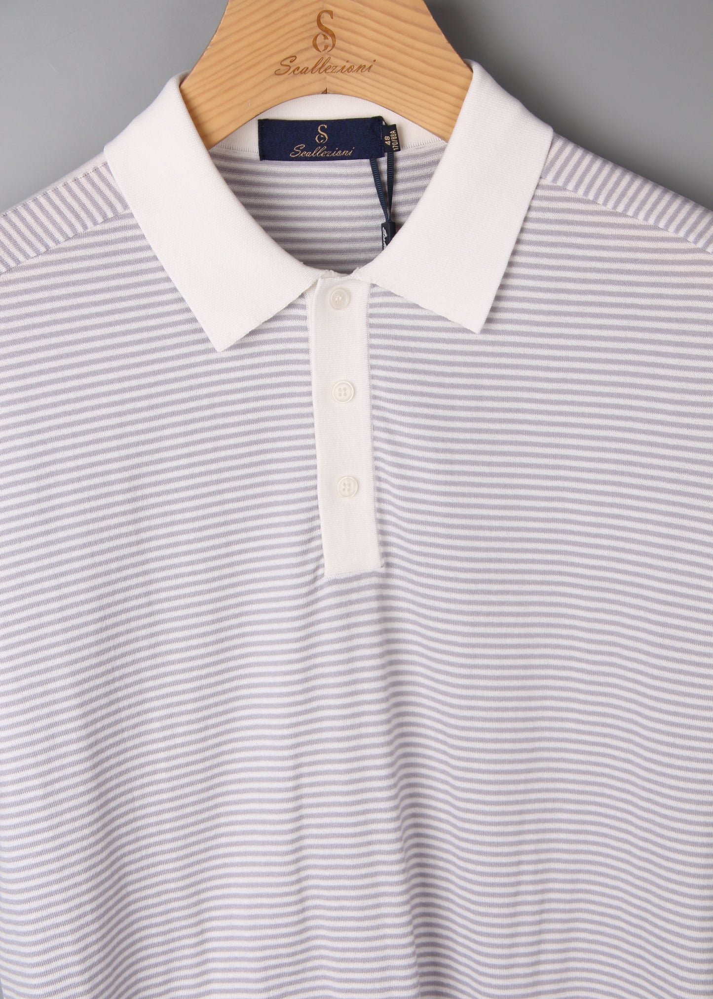 Gray Striped Silk and Cotton Blend Polo