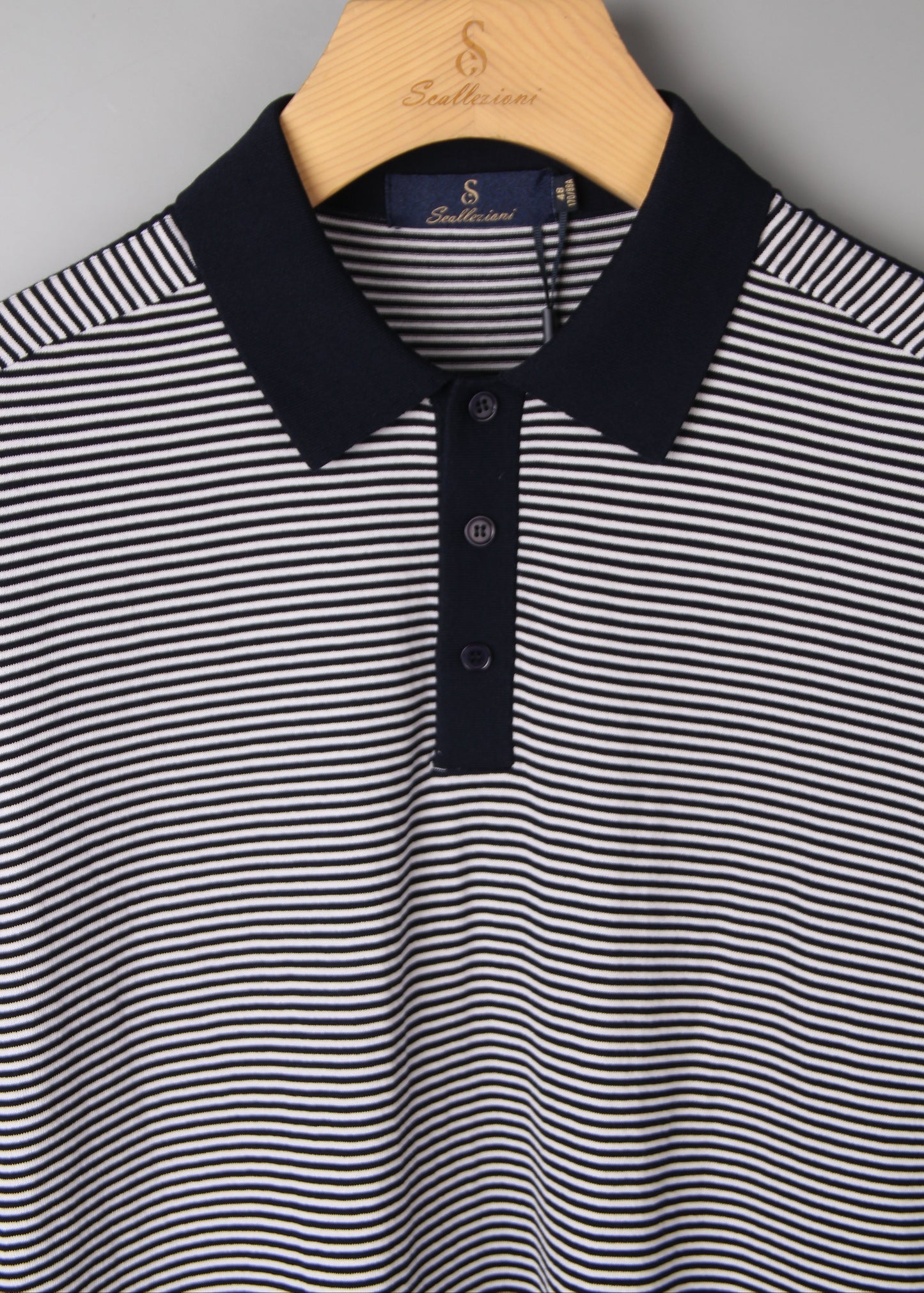 Navy Blue Striped Silk and Cotton Blend Polo