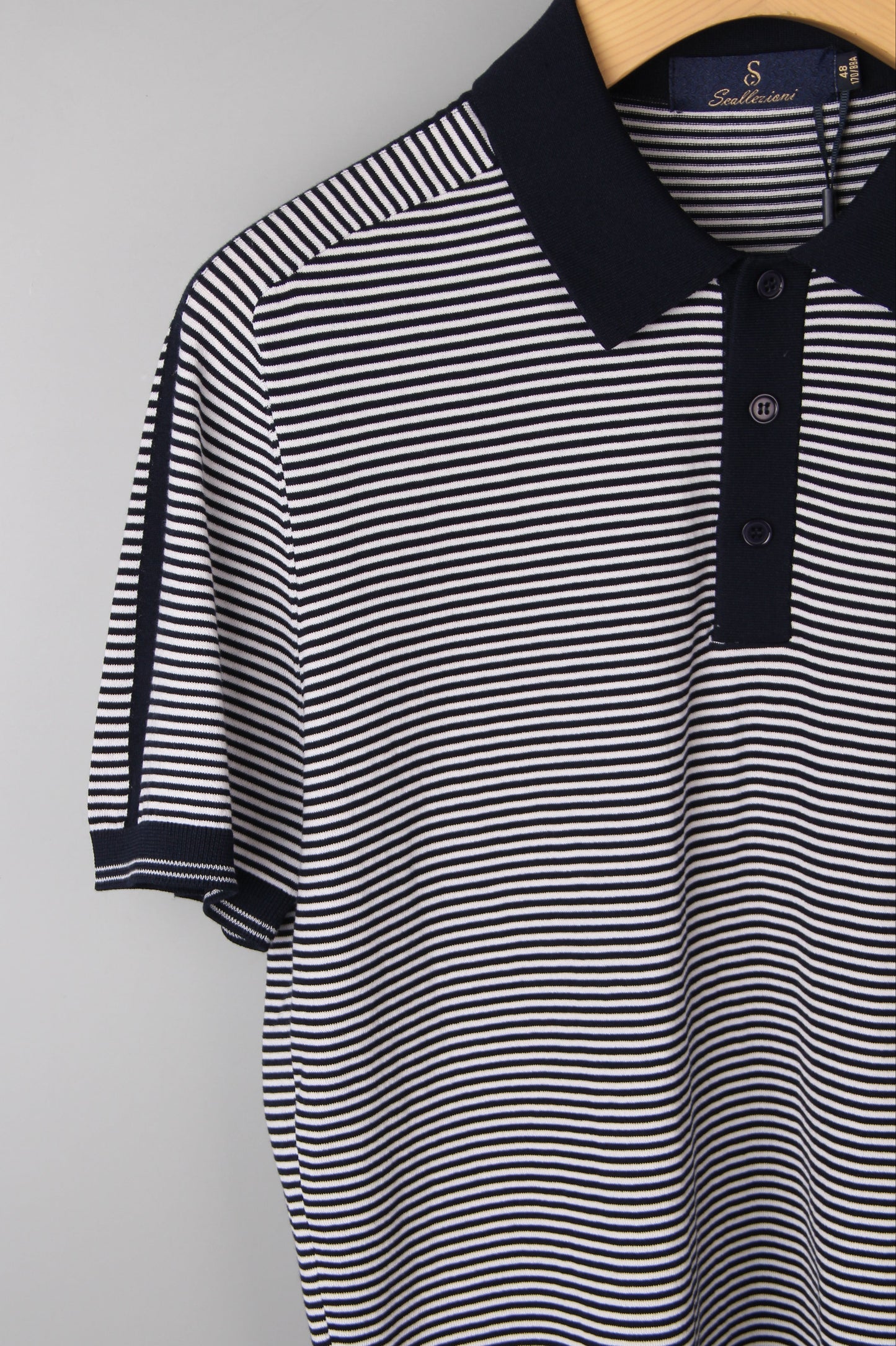 Navy Blue Striped Silk and Cotton Blend Polo