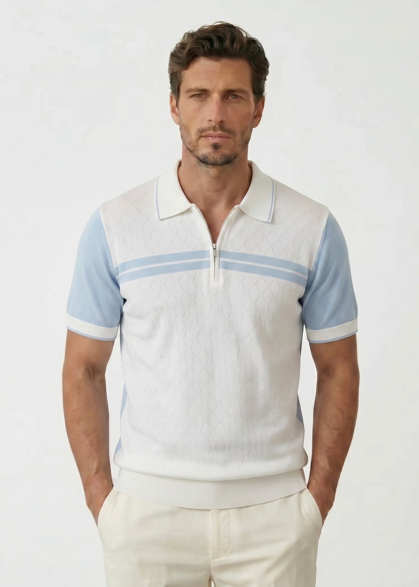 Zip-Up Patterned Polo Shirt